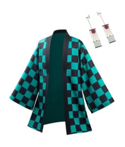 Men Black And Green Plaid Samurai Kimono Cloak With Earrings Halloween Costume 19 Men Black And Green Plaid Samurai Kimono Cloak With Earrings Halloween Costume -Accessories Shop 12002738 2 700x823 1