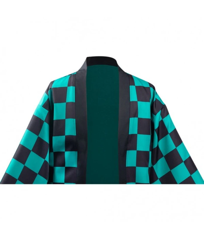 Men Black And Green Plaid Samurai Kimono Cloak With Earrings Halloween Costume 8 Men Black And Green Plaid Samurai Kimono Cloak With Earrings Halloween Costume - Image 6