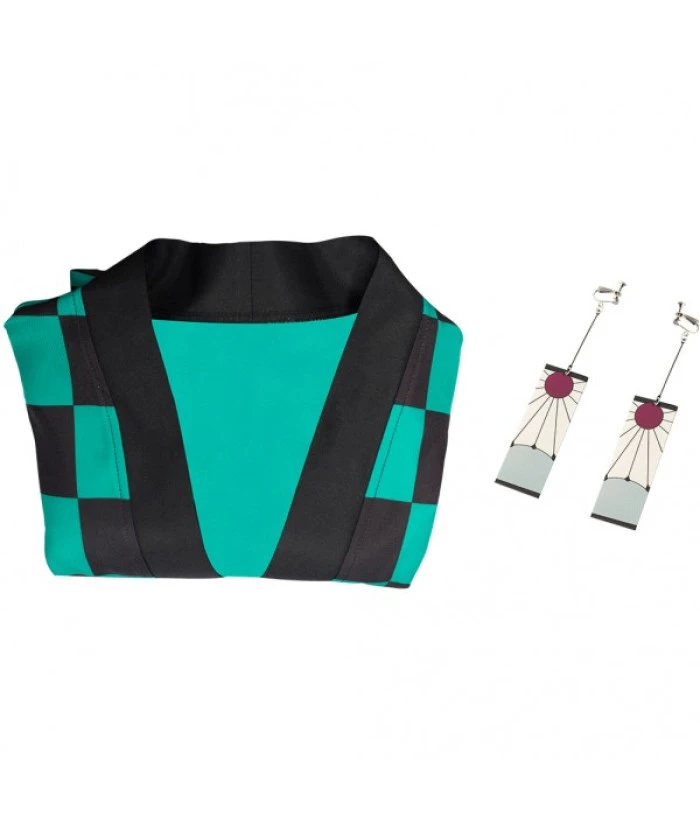 Men Black And Green Plaid Samurai Kimono Cloak With Earrings Halloween Costume 4 Men Black And Green Plaid Samurai Kimono Cloak With Earrings Halloween Costume - Image 2