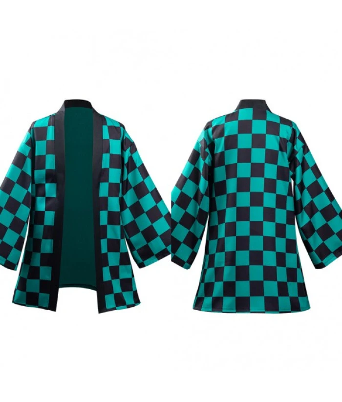 Men Black And Green Plaid Samurai Kimono Cloak With Earrings Halloween Costume 3 Men Black And Green Plaid Samurai Kimono Cloak With Earrings Halloween Costume