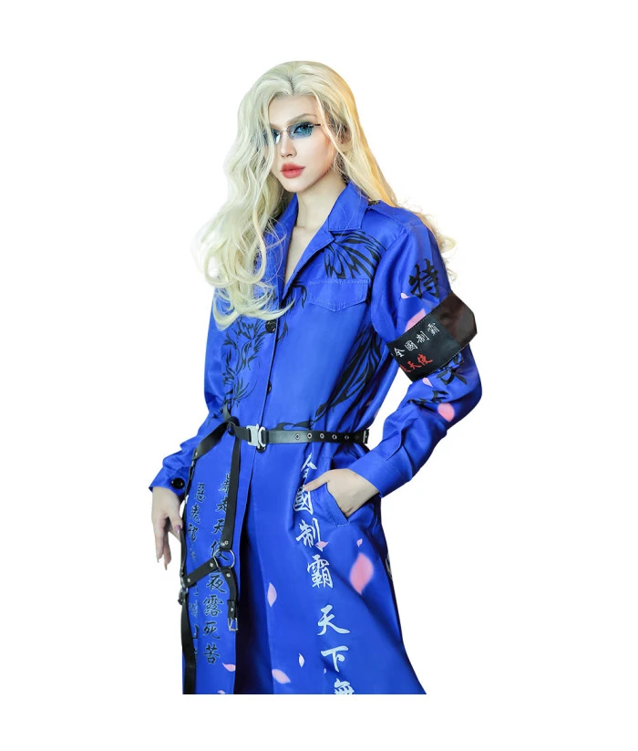 Women Blue Japanese Bakuzoku Uniform Motorcyle Gang Halloween Carnival Suit Costume 6 Women Blue Japanese Bakuzoku Uniform Motorcyle Gang Halloween Carnival Suit Costume - Image 4