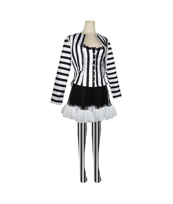 Women Gothic Black Strip Suit Skirt Outfit Halloween Costume 6 Women Gothic Black Strip Suit Skirt Outfit Halloween Costume - Image 4