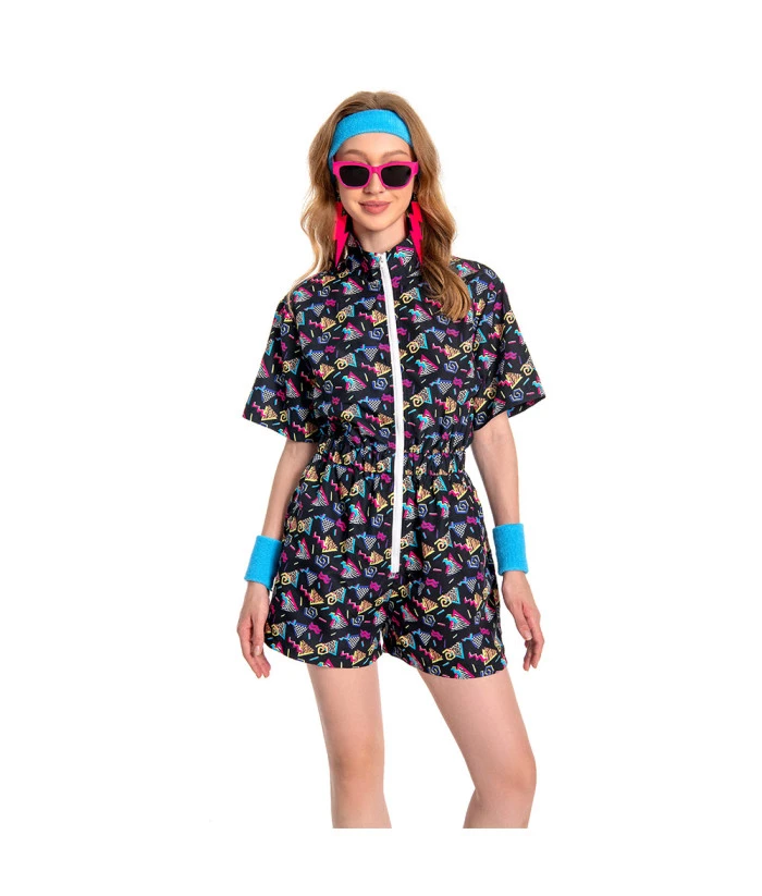 1980s Black Print Summer Bodysuit Women Halloween Costume 3 1980s Black Print Summer Bodysuit Women Halloween Costume