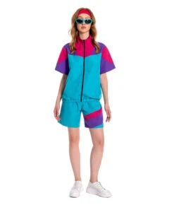 1980s Hip Hop Retro Purple Blue Colorblock Short-Sleeved Suit Halloween Costume