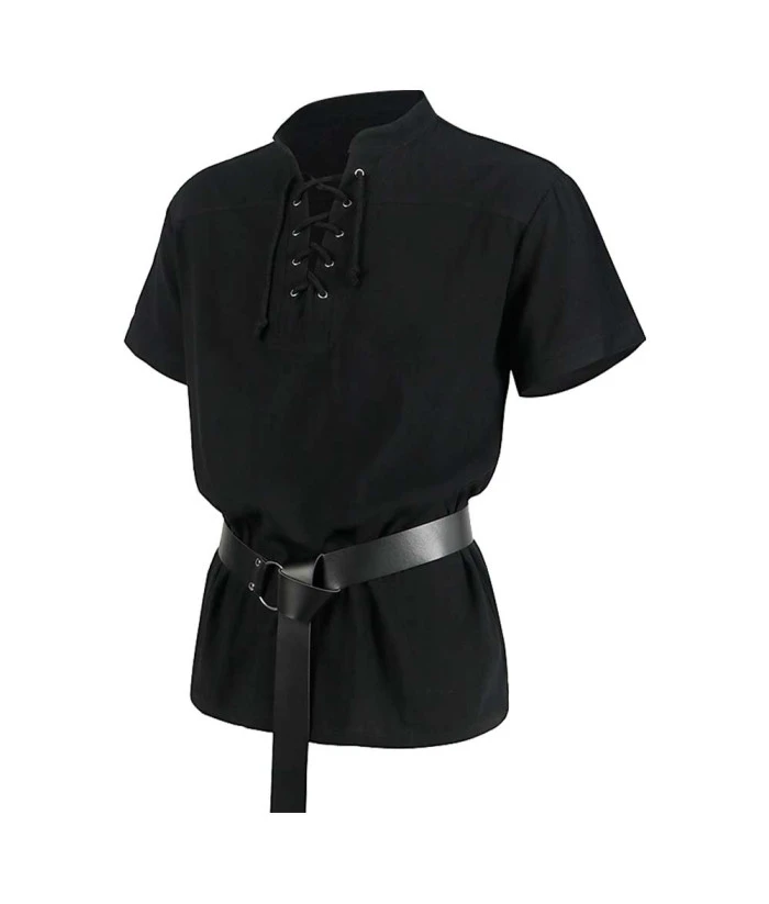 Adult Medieval Black Short-Sleeved Shirt With Tie Belt Halloween Costume 4 Adult Medieval Black Short-Sleeved Shirt With Tie Belt Halloween Costume - Image 2
