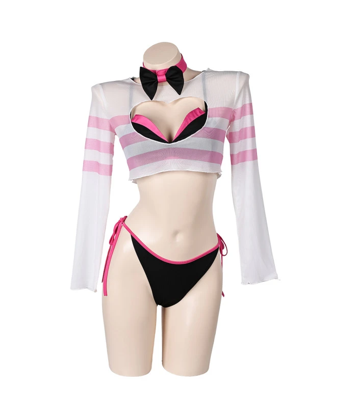 Women Pink And Black Strip Bowtie Bikini Set Swimsuit Halloween Costume 3 Women Pink And Black Strip Bowtie Bikini Set Swimsuit Halloween Costume