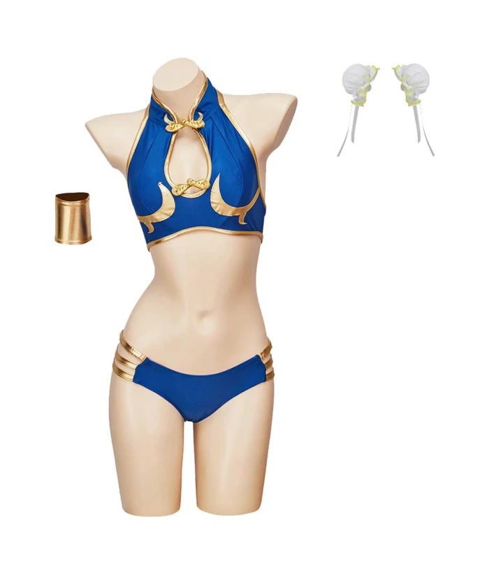 Women Blue Sexy Bikini GoldenTrim Swimsuit Halloween Costume 3 Women Blue Sexy Bikini GoldenTrim Swimsuit Halloween Costume