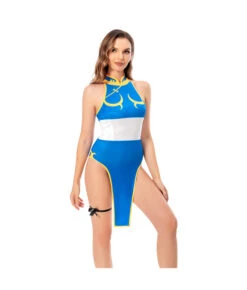 Women Blue Glossy Cheongsam Leg Ring Sexy Swimsuit Halloween Party Costume 10 Women Blue Glossy Cheongsam Leg Ring Sexy Swimsuit Halloween Party Costume -Accessories Shop Chun20Li20Street20Fighter20Swimsuit20Cosplay20Costume206 700x823 1