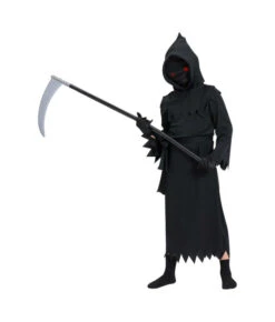 Kids Children Black Robe Hooded Grim Reaper Fullset Halloween Costume