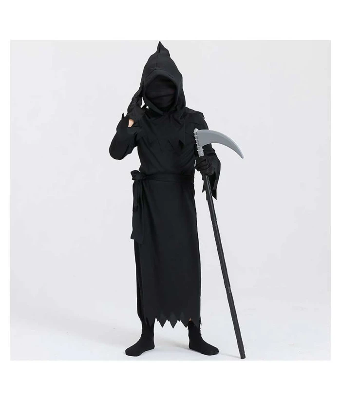 Kids Children Black Robe Hooded Grim Reaper Fullset Halloween Costume 4 Kids Children Black Robe Hooded Grim Reaper Fullset Halloween Costume - Image 2