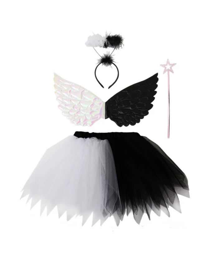 Angel Wings Tutu Skirt Black White Color Fullset Kids Halloween Costume 3 Angel Wings Tutu Skirt Black White Color Fullset Kids Halloween Costume