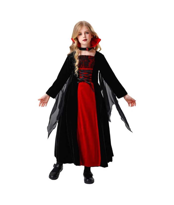 Vampire Lady Dark Red Dress Kids Halloween Costuem 4 Vampire Lady Dark Red Dress Kids Halloween Costuem - Image 2