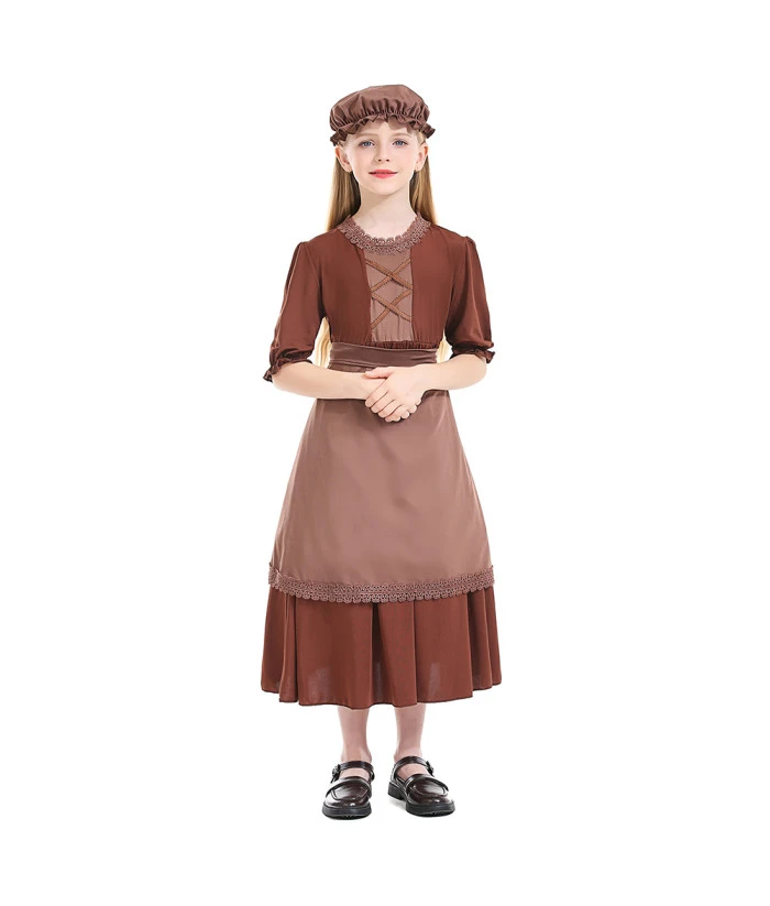 Kids Colonial Maid Lace Brown Dress Girl Halloween Costume 3 Kids Colonial Maid Lace Brown Dress Girl Halloween Costume