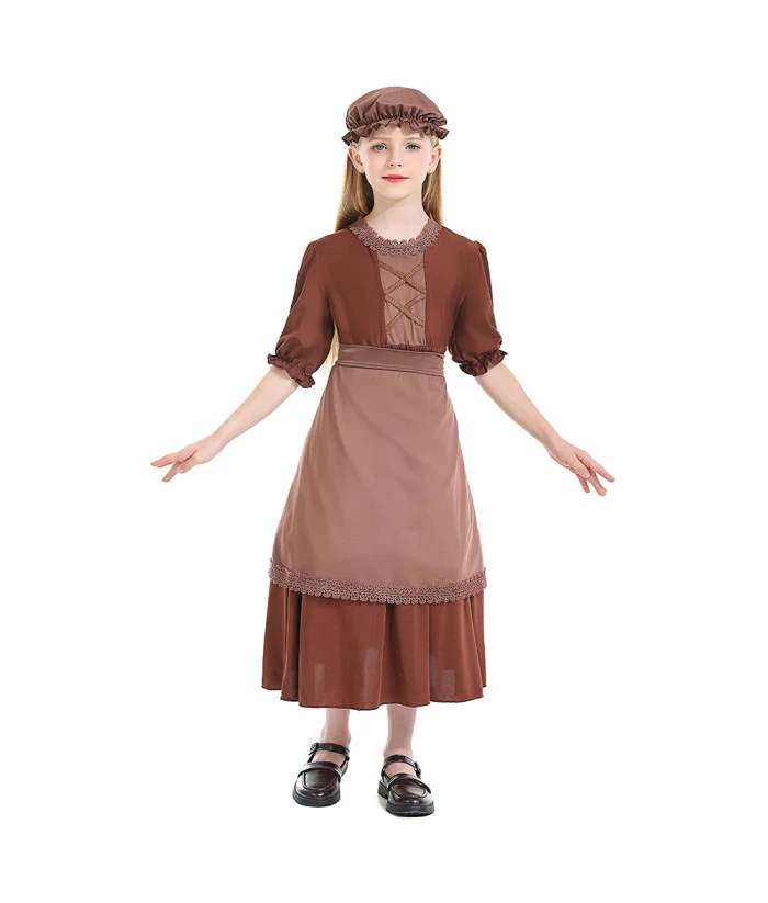 Kids Colonial Maid Lace Brown Dress Girl Halloween Costume 7 Kids Colonial Maid Lace Brown Dress Girl Halloween Costume - Image 5