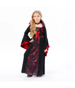 Kids Vampire Dark Red Long Dress Baroness Girl Halloween Costume