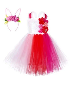 Fairy Red White Mesh Dress With Bunny Headband Flower Kids Halloween Costume