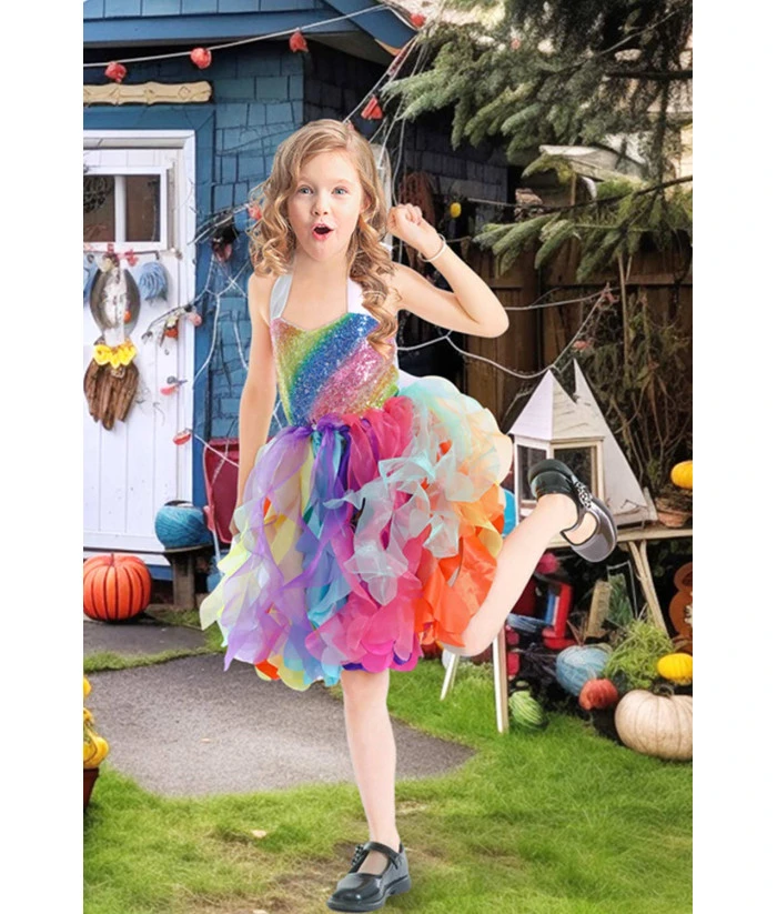 Clown Girl Rainbow Spiral Wicker Tutu Skirt Kids Halloween Costume 6 Clown Girl Rainbow Spiral Wicker Tutu Skirt Kids Halloween Costume - Image 4