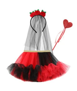 Kids Children Red Black Heart Bride Tutu Skirt 3 Pcs Halloween Costume