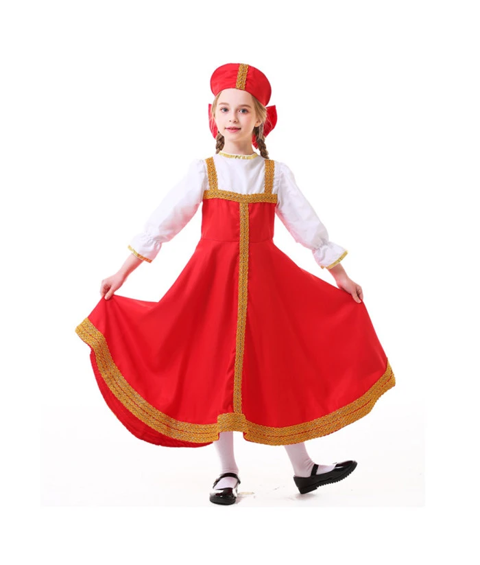 Kids Children Red Russian National Dress Halloween Costume 4 Kids Children Red Russian National Dress Halloween Costume - Image 2