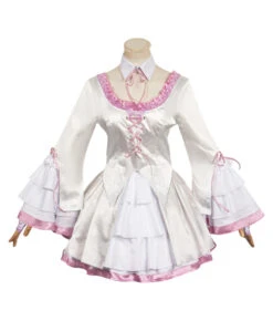 Women White Lolita Dress With Pink Ruffles Flare Sleeve Rococo Style Halloween Costume