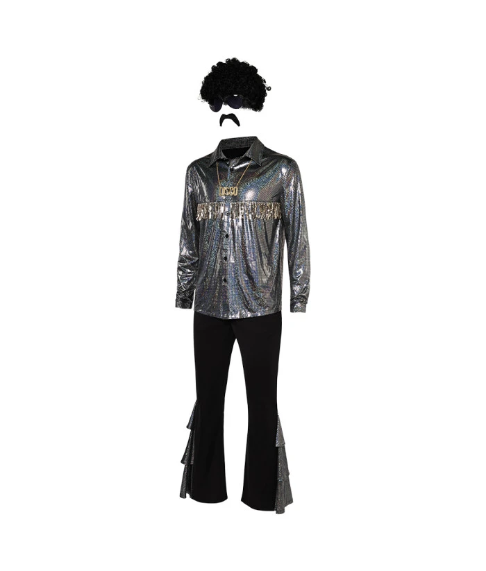 1980s Hippie Black Disco Shiny8 Pcs Outfit Men Halloween Costume 5 1980s Hippie Black Disco Shiny8 Pcs Outfit Men Halloween Costume - Image 3