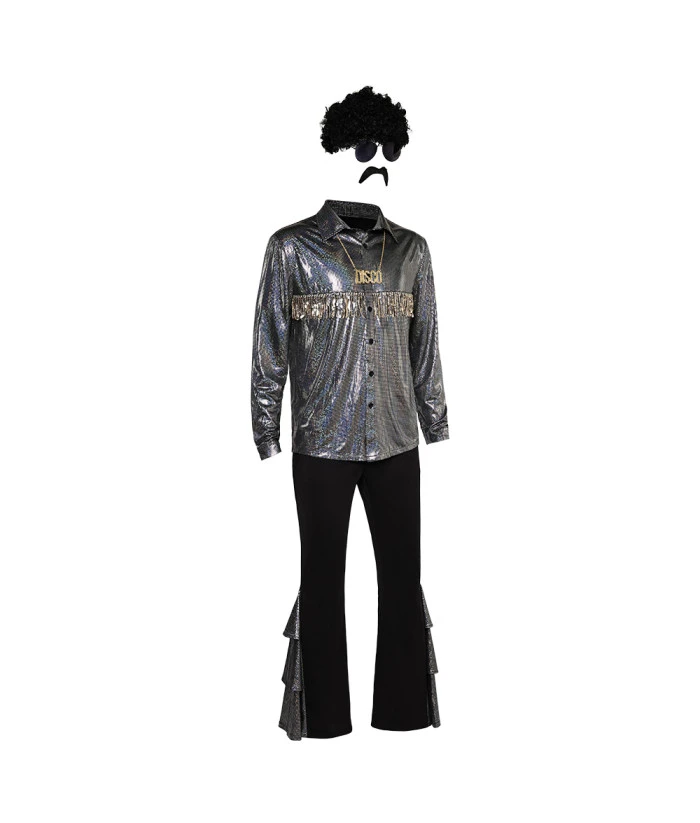 1980s Hippie Black Disco Shiny8 Pcs Outfit Men Halloween Costume 4 1980s Hippie Black Disco Shiny8 Pcs Outfit Men Halloween Costume - Image 2