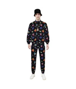 1980s Hip Hop Retro Black Printed Jacket 7Pcs Set Men Halloween Costume