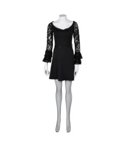 Women Black Hollow Lace Dress Long Sleeve Gothic Style Halloween Costume