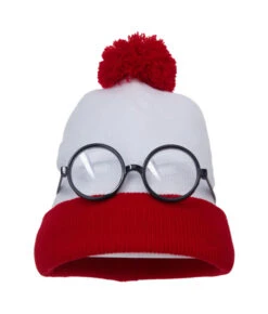 White Knitted Hat Red Brim With Glasses Bundle Halloween Costume Accessories