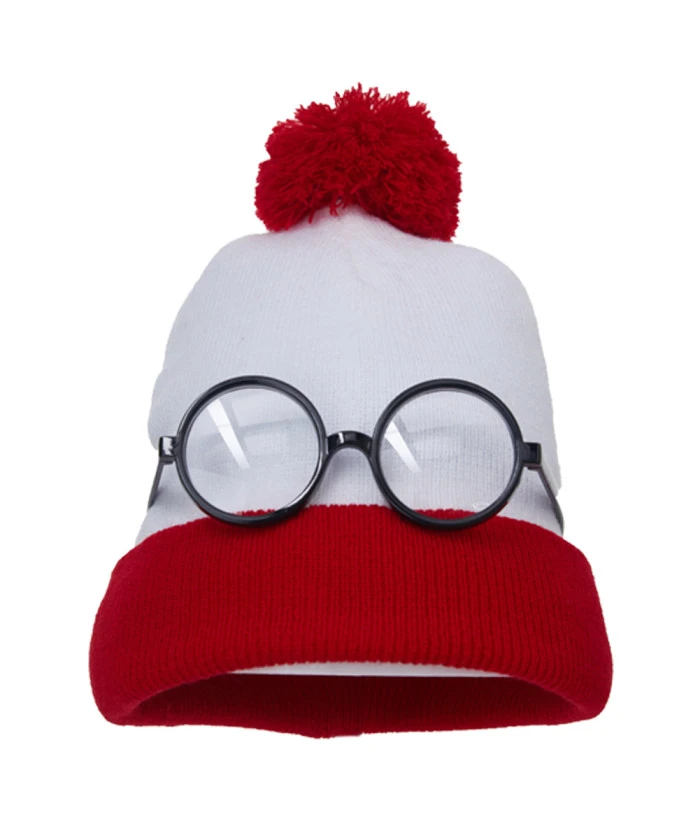 White Knitted Hat Red Brim With Glasses Bundle Halloween Costume Accessories 3 White Knitted Hat Red Brim With Glasses Bundle Halloween Costume Accessories