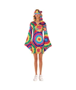 1970s Hippie Colorful Printed Dress 7Pcs Women Halloween Costume