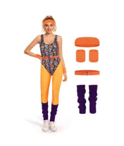 1980s Fitness Orange Printed Jumpsuit 6Pcs Set Women Halloween Costume