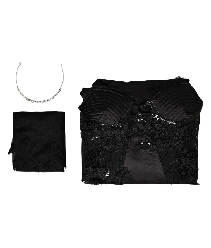 Women Black Witch Gothic Wedding Dress Set Halloween Costume 8 Women Black Witch Gothic Wedding Dress Set Halloween Costume - Image 6