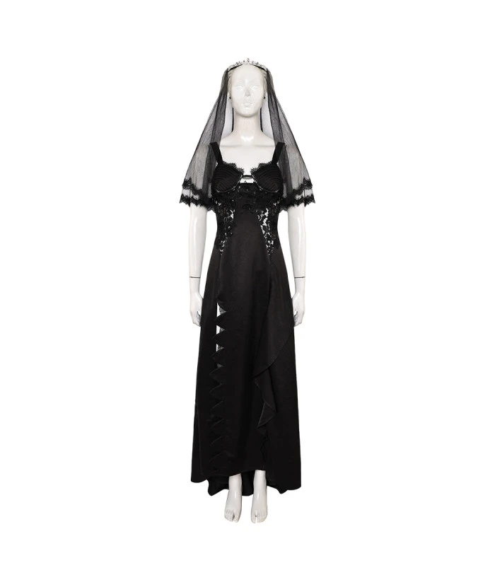 Women Black Witch Gothic Wedding Dress Set Halloween Costume 3 Women Black Witch Gothic Wedding Dress Set Halloween Costume