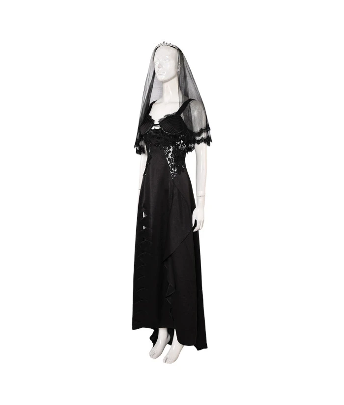 Women Black Witch Gothic Wedding Dress Set Halloween Costume 5 Women Black Witch Gothic Wedding Dress Set Halloween Costume - Image 3