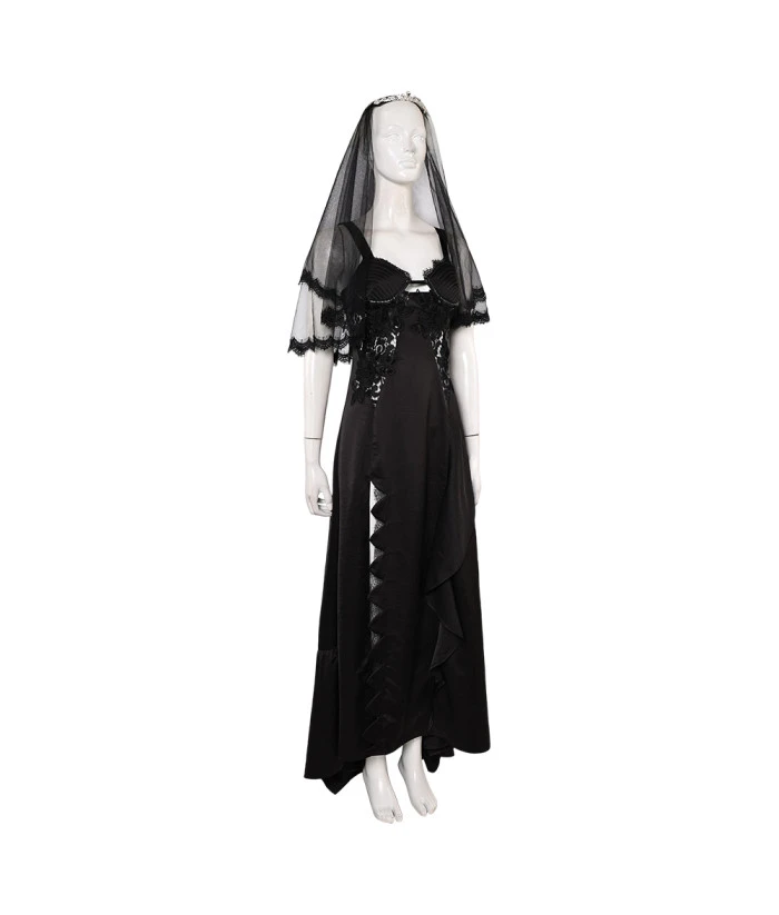 Women Black Witch Gothic Wedding Dress Set Halloween Costume 4 Women Black Witch Gothic Wedding Dress Set Halloween Costume - Image 2