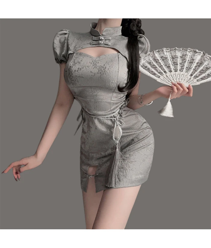 Women Grey Sexy Lingerie Chinese Cheongsam Slim-Fit Halloween Costume 4 Women Grey Sexy Lingerie Chinese Cheongsam Slim-Fit Halloween Costume - Image 2