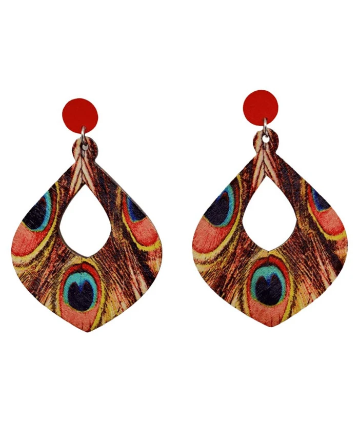 Adult Bohemian Ethnic Peacock Feather Wooden Long Earrings Halloween Costume Accessories 3 Adult Bohemian Ethnic Peacock Feather Wooden Long Earrings Halloween Costume Accessories