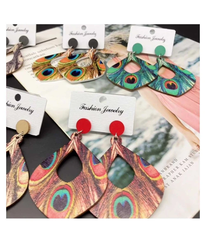 Adult Bohemian Ethnic Peacock Feather Wooden Long Earrings Halloween Costume Accessories 4 Adult Bohemian Ethnic Peacock Feather Wooden Long Earrings Halloween Costume Accessories - Image 2