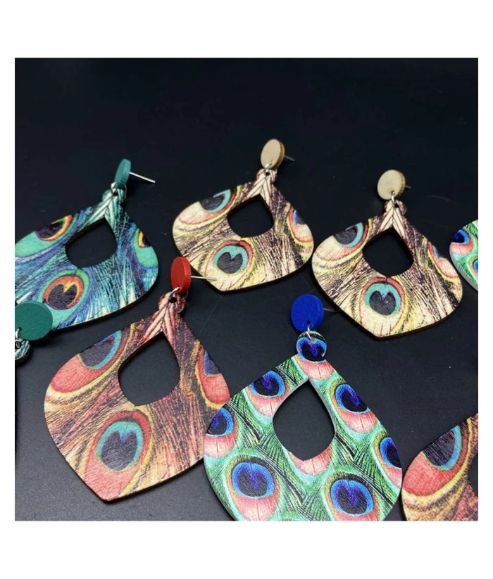 Adult Bohemian Ethnic Peacock Feather Wooden Long Earrings Halloween Costume Accessories 5 Adult Bohemian Ethnic Peacock Feather Wooden Long Earrings Halloween Costume Accessories - Image 3