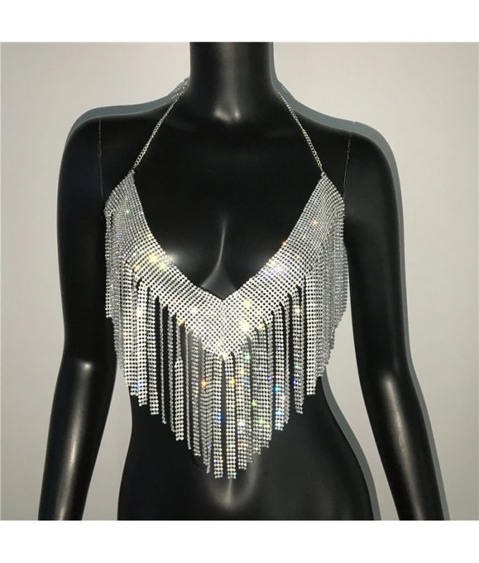 Women Sexy V-neck Fringe Rhinestone Metal Halter Vest Tops Fashion Music Festival Halloween Party Costume 5 Women Sexy V-neck Fringe Rhinestone Metal Halter Vest Tops Fashion Music Festival Halloween Party Costume - Image 3