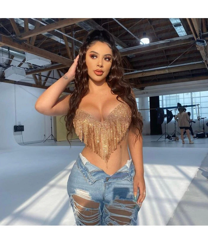 Women Sexy V-neck Fringe Rhinestone Metal Halter Vest Tops Fashion Music Festival Halloween Party Costume 3 Women Sexy V-neck Fringe Rhinestone Metal Halter Vest Tops Fashion Music Festival Halloween Party Costume