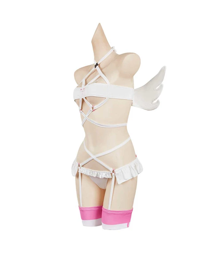 Women White Leather Sexy Angel Strip Lingerie With Wings Halloween Costume 5 Women White Leather Sexy Angel Strip Lingerie With Wings Halloween Costume - Image 3