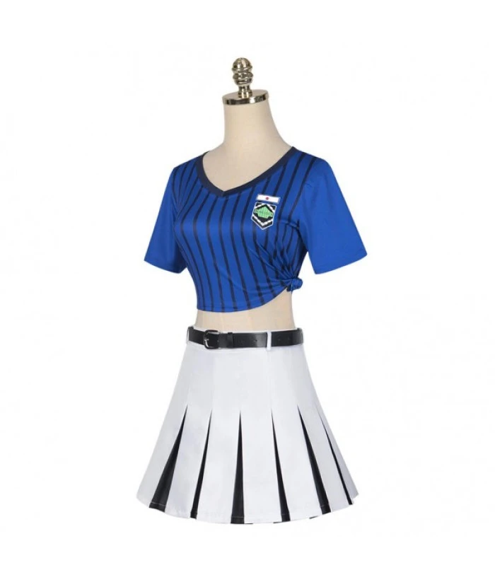 Women Blue Top White Short Skirt Cheerleader Uniform Halloween Costume 4 Women Blue Top White Short Skirt Cheerleader Uniform Halloween Costume - Image 2