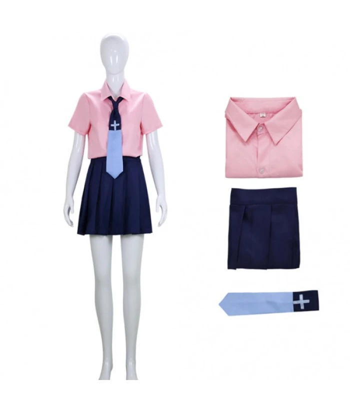Women Pink Shirt Blue Tie School Uniform Jk Uniform Halloween Costume 4 Women Pink Shirt Blue Tie School Uniform Jk Uniform Halloween Costume - Image 2