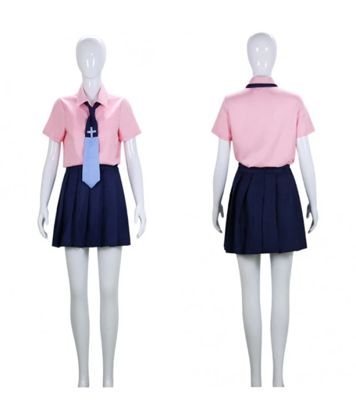 Women Pink Shirt Blue Tie School Uniform Jk Uniform Halloween Costume 3 Women Pink Shirt Blue Tie School Uniform Jk Uniform Halloween Costume
