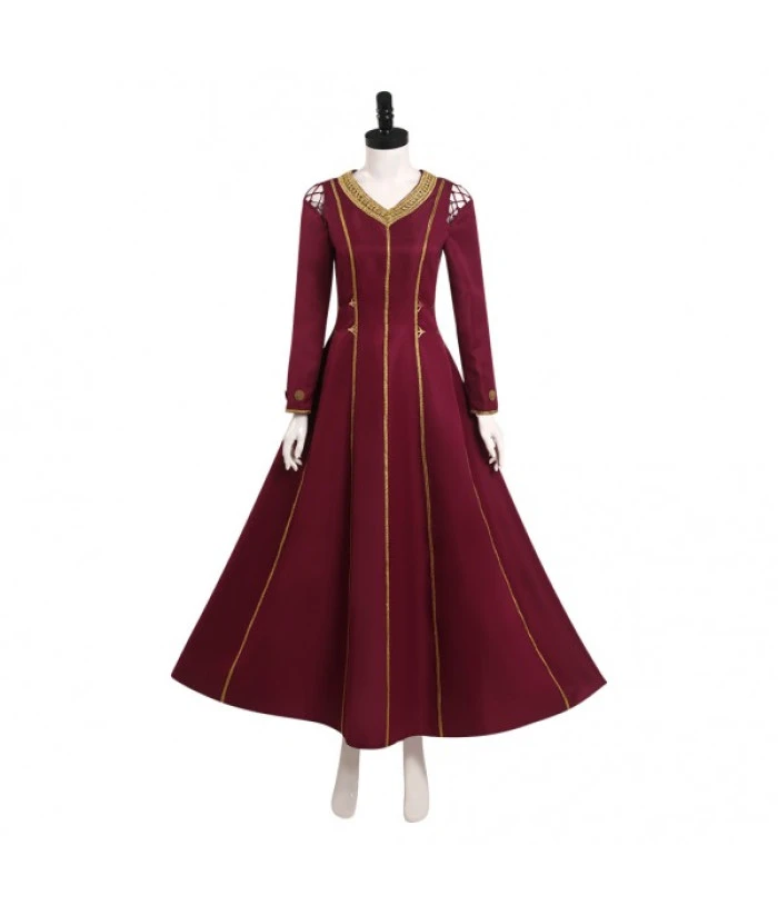 Women Medieval Fantasy Palace Golden Strip Red Dress V Neck Halloween Costume 3 Women Medieval Fantasy Palace Golden Strip Red Dress V Neck Halloween Costume