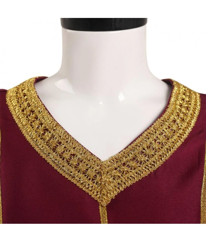 Women Medieval Fantasy Palace Golden Strip Red Dress V Neck Halloween Costume 7 Women Medieval Fantasy Palace Golden Strip Red Dress V Neck Halloween Costume - Image 5