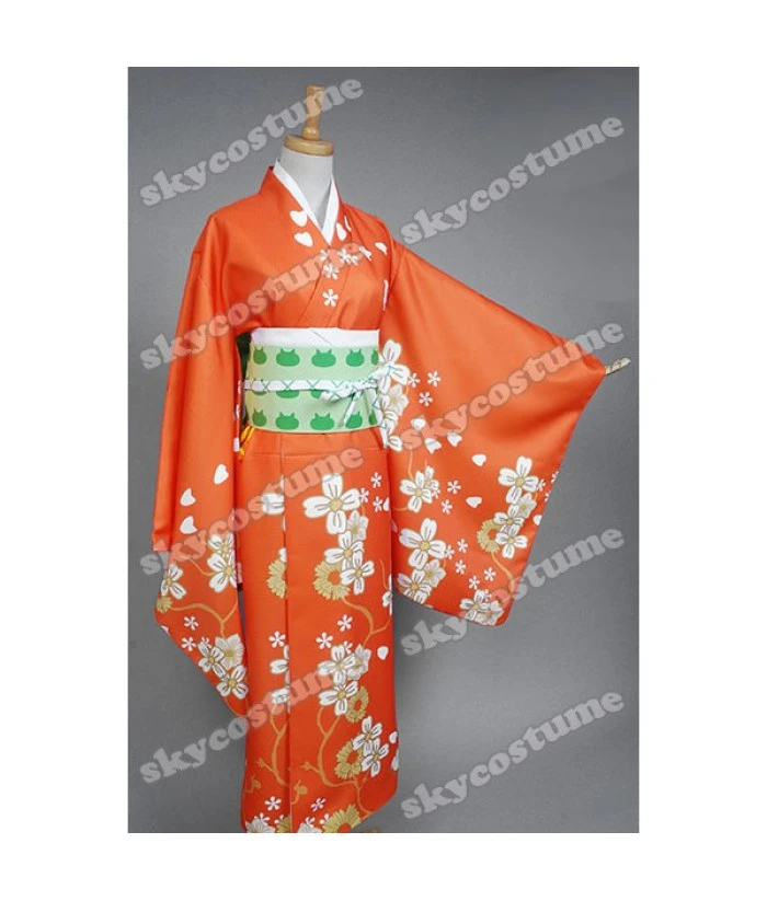 Women Orange Flower Pattern Printed Kimono Japanese Yukata Halloween Costume 10 Women Orange Flower Pattern Printed Kimono Japanese Yukata Halloween Costume - Image 8