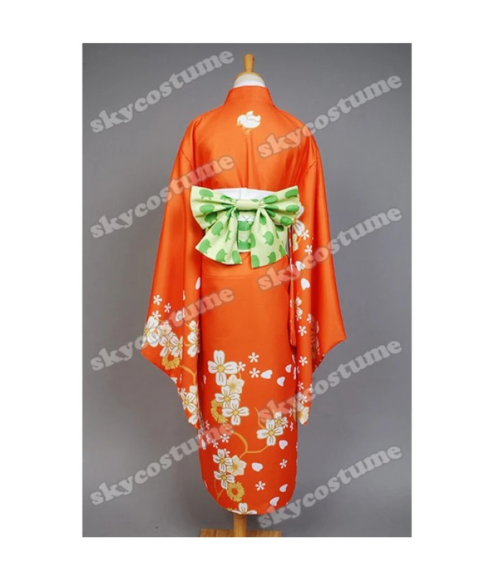 Women Orange Flower Pattern Printed Kimono Japanese Yukata Halloween Costume 3 Women Orange Flower Pattern Printed Kimono Japanese Yukata Halloween Costume